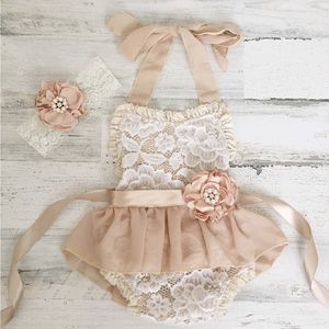 Tan Ivory Boho Lace Romper Sash and Headband